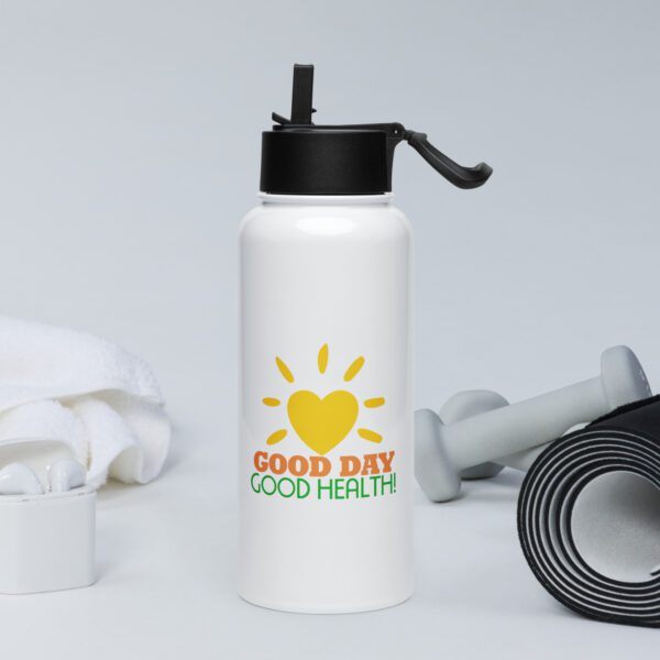 Good Day, Good Health! Stainless steel water bottle with a straw lid