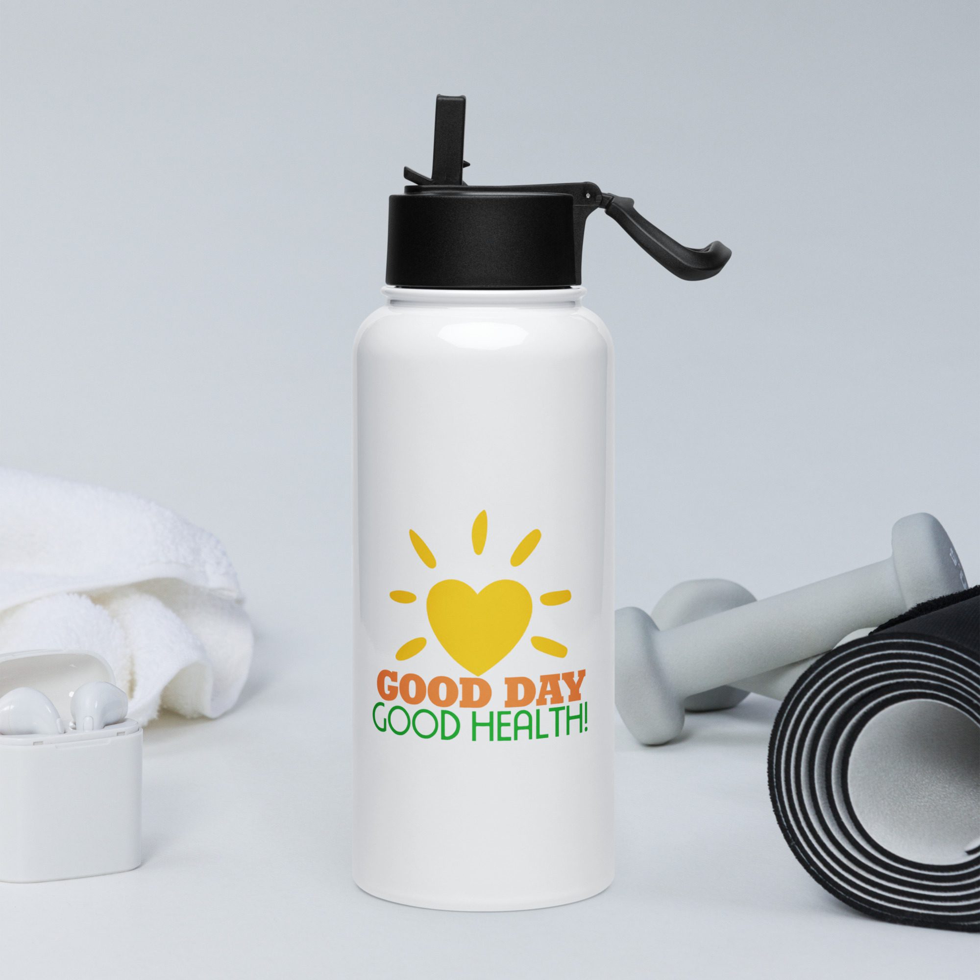 Good Day, Good Health! Stainless steel water bottle with a straw lid